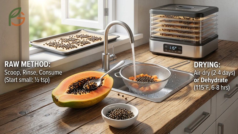 How to eat papaya seeds involves scooping them fresh or drying them to use as a peppery spice substitute.