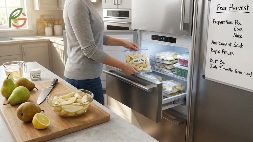 How to freeze pears properly involves peeling and treating with ascorbic acid to prevent browning.