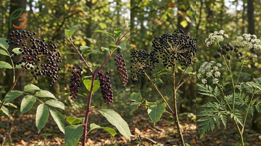 Elderberry look alikes like pokeweed and devils walking stick distinguished by berry clusters and thorns.