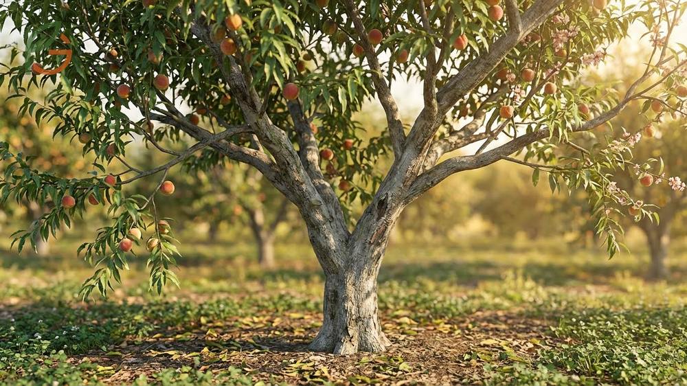 Identifying peach trees by their distinctive pink five-petaled flowers and long glossy green leaves.