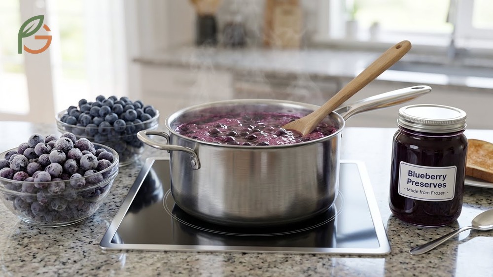 How to make blueberry preserves from frozen blueberries which cook faster and release natural pectin more easily for a consistent gel texture.