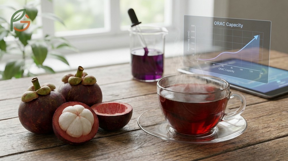 Antioxidant tea benefits from mangosteen include scavenging free radicals and reducing lipid peroxidation.