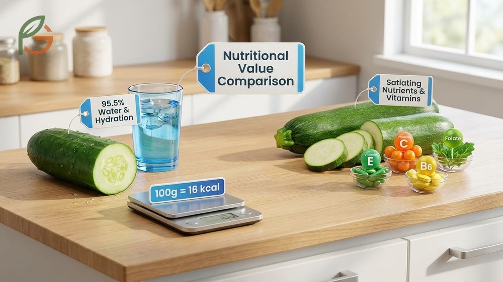 Nutritional value comparison displaying high water content in cucumbers versus higher Vitamin C and folate levels in zucchini.