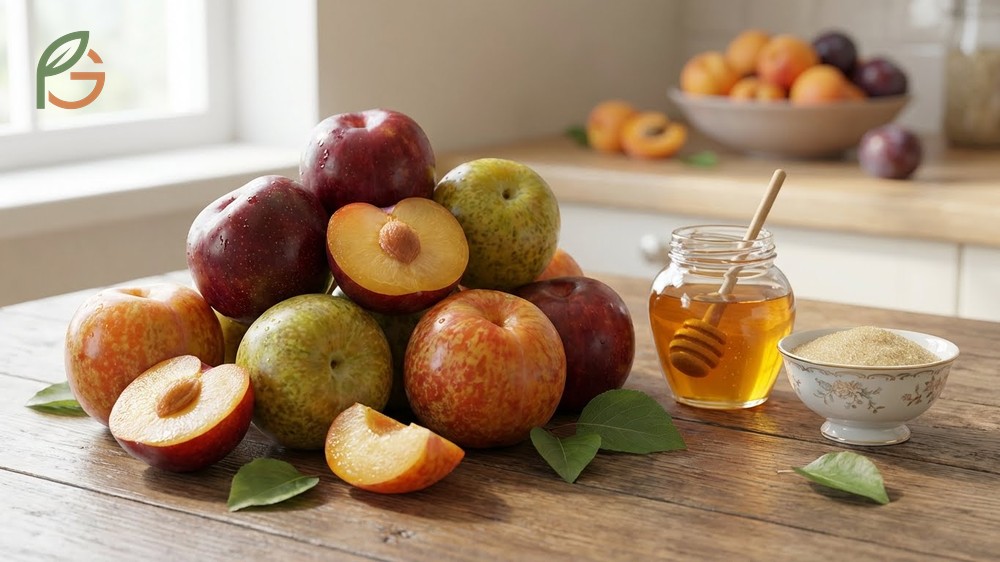 Pluot characteristics flavor featuring candy-like sweetness and low acidity compared to standard plums.