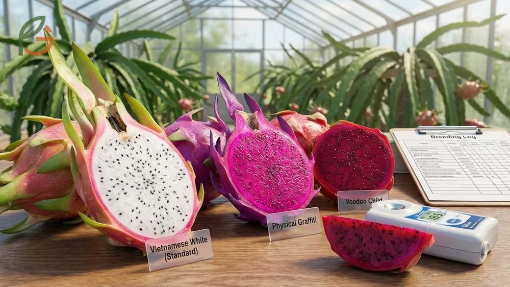 Dragon fruit varieties including Vietnamese White and Thompson cultivars selected for sweetness and disease resistance.