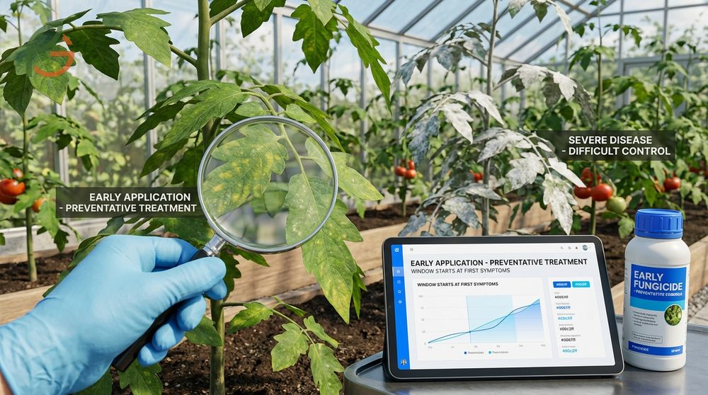 Powdery mildew treatment is most effective with sulfur dust applied every 7-10 days before temperatures exceed 85 degrees Fahrenheit.