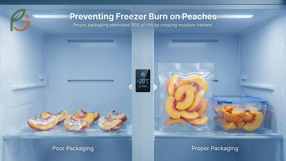 Preventing freezer burn on peaches by vacuum sealing to extend storage life to 14 to 18 months.