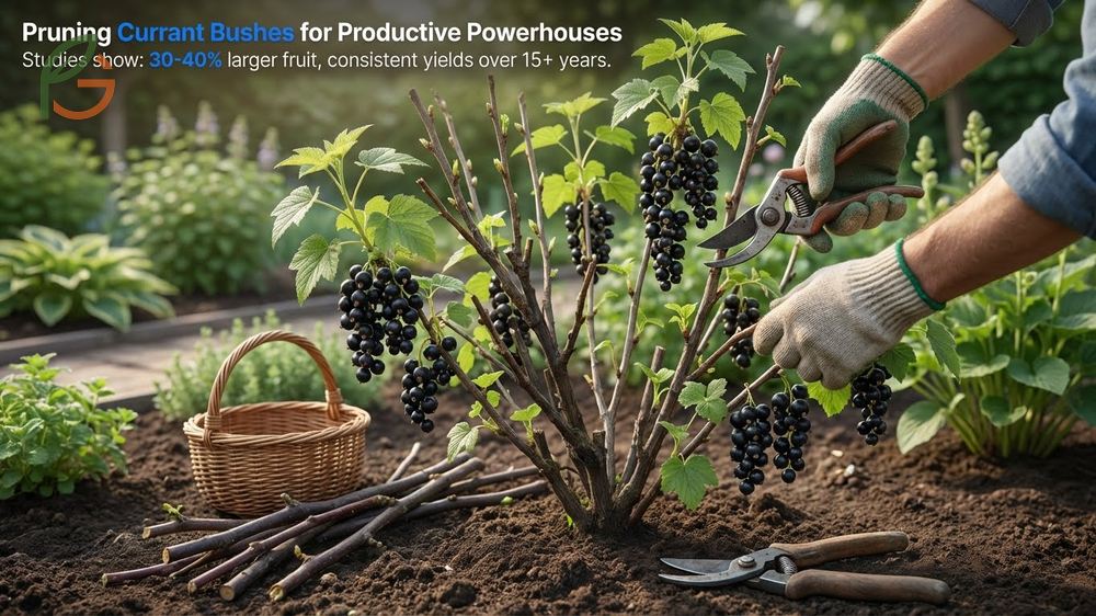 Pruning currant bushes improves light exposure and increases average berry size by 30 to 40 percent using sharp bypass pruners.