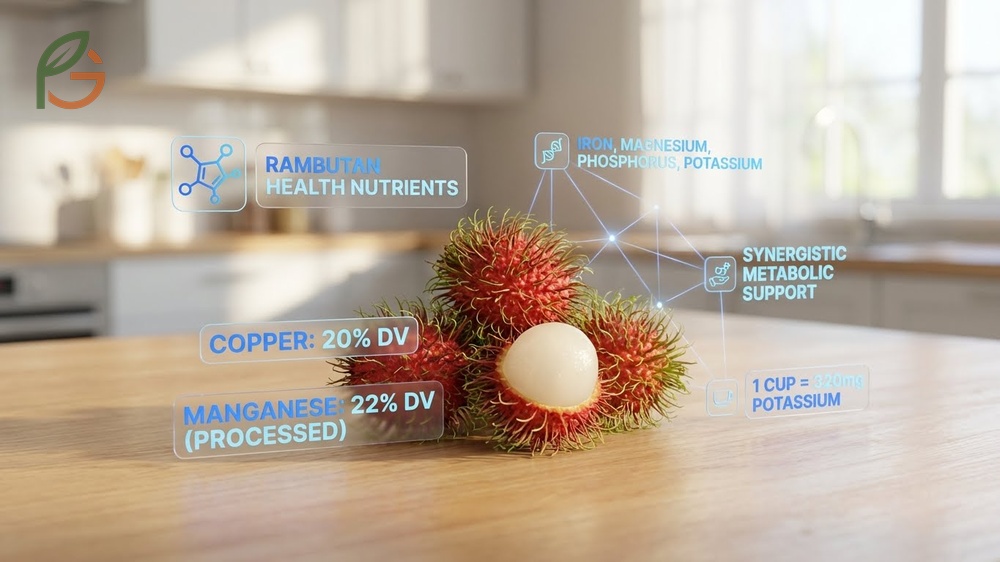 Rambutan health nutrients feature essential copper at 20 percent daily value and manganese for metabolic support.