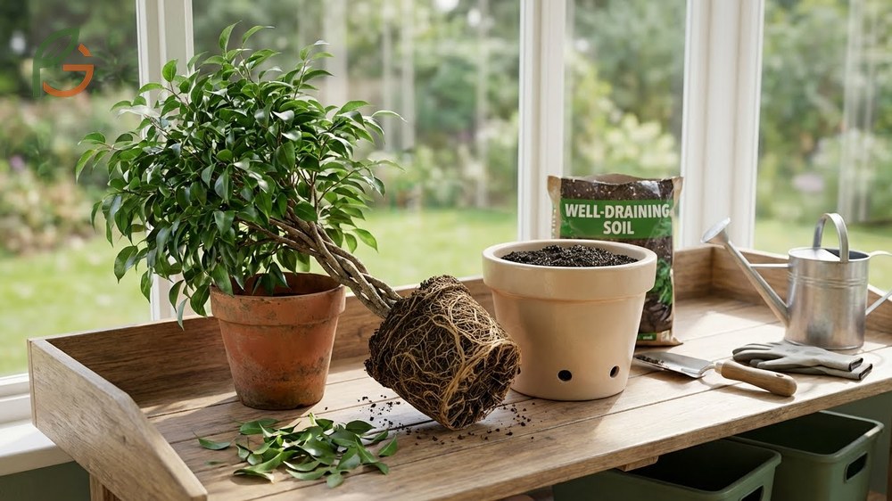 Repotting weeping fig every 2 to 3 years into a container 2 inches larger in diameter.