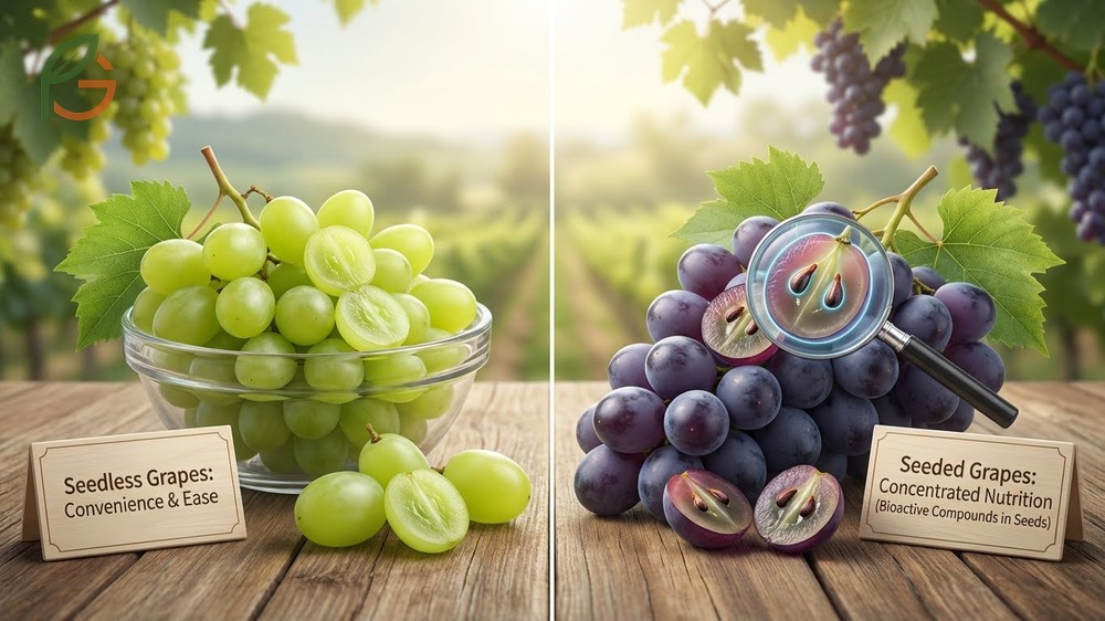 Seedless vs seeded grapes differ in genetic makeup with seeded types containing higher vitamin E.