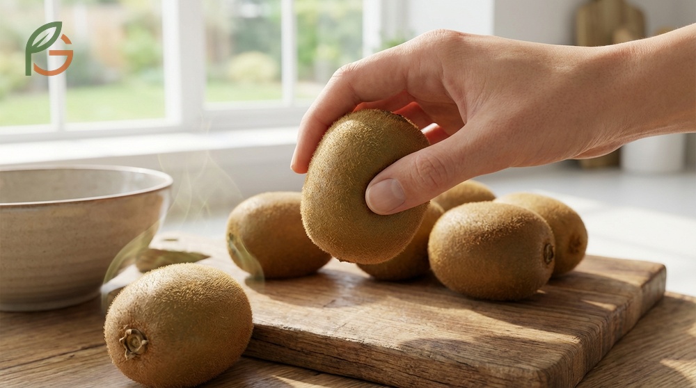 Signs of ripe kiwi fruit include yielding slightly to gentle pressure and emitting a sweet citrus fragrance at the stem.