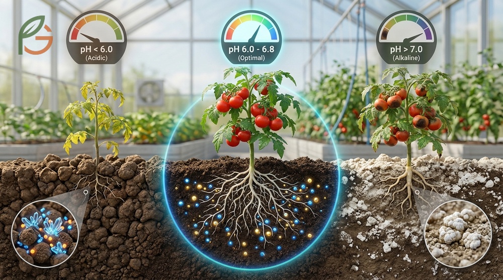 Digital pH meter testing garden soil to ensure acidity levels stay between 6.0 and 6.8 for nutrient uptake.
