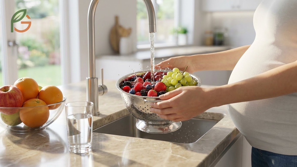 Washing fruits for pregnancy safety removes harmful bacteria and pesticide residues from the textured skin of fresh guava.