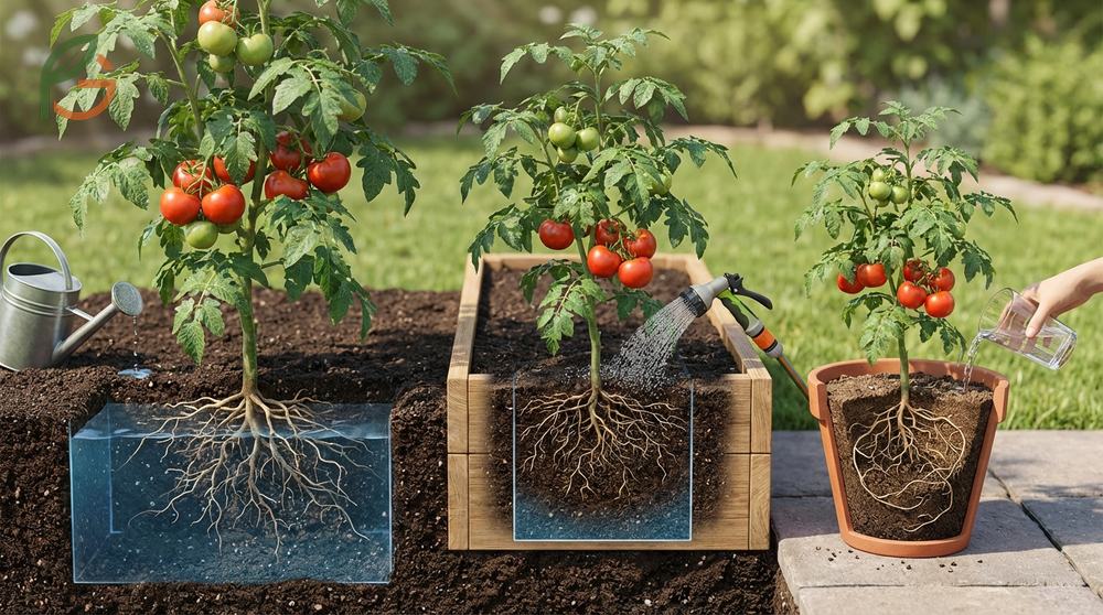Water tomato plants in different settings requires adjusting schedules as in ground beds hold moisture longer.