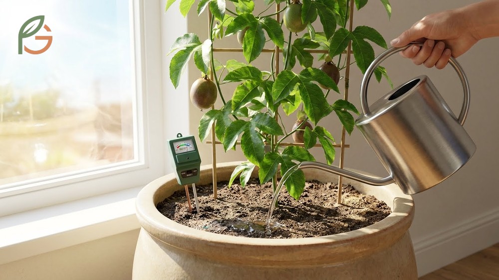 Watering and indoor care instructions for passion fruit requiring consistent moisture and bright light.