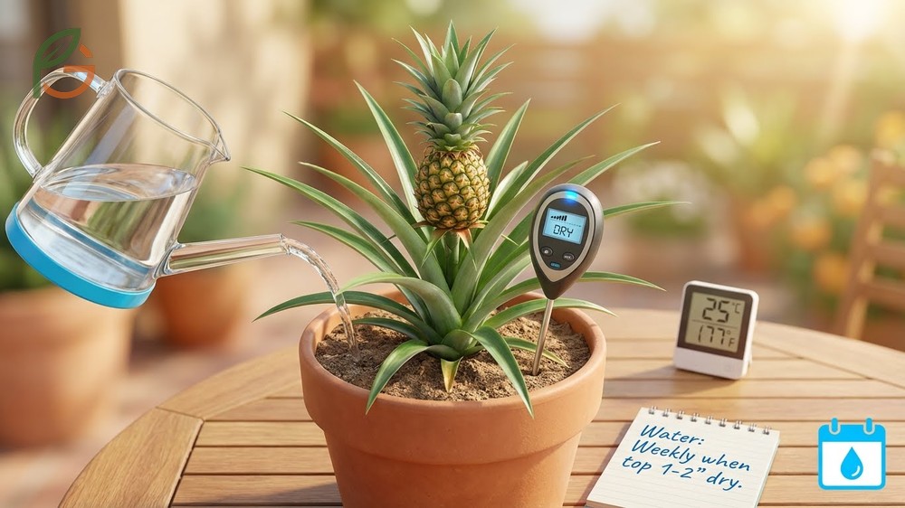 How often to water pineapple plant depends on soil dryness usually requiring moisture once every week.