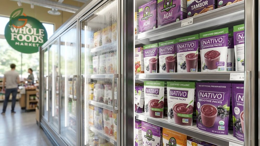 Whole foods acai selection featuring nativo brand raw pulp packets processed within 24 hours of harvest.