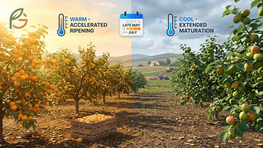 Apricot harvest timing depends on climate zones with temperate regions ripening from late May through July each year.