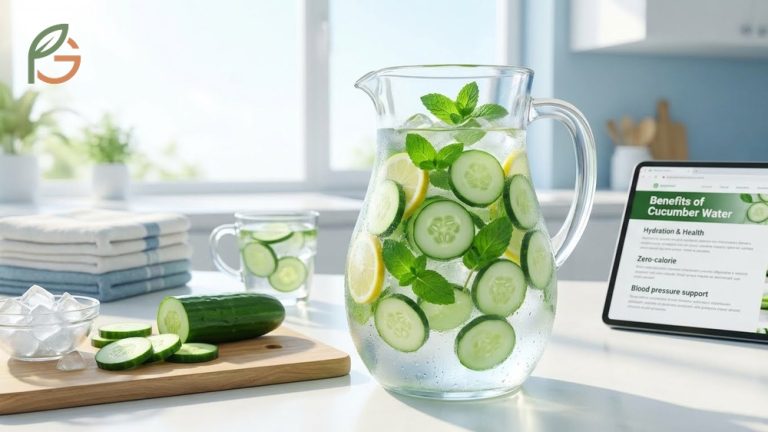 Benefits of cucumber water health guide illustrating zero calorie hydration and blood pressure support.