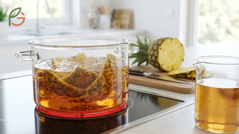Simmering pineapple peels in water to create a low calorie beverage supporting weight management.