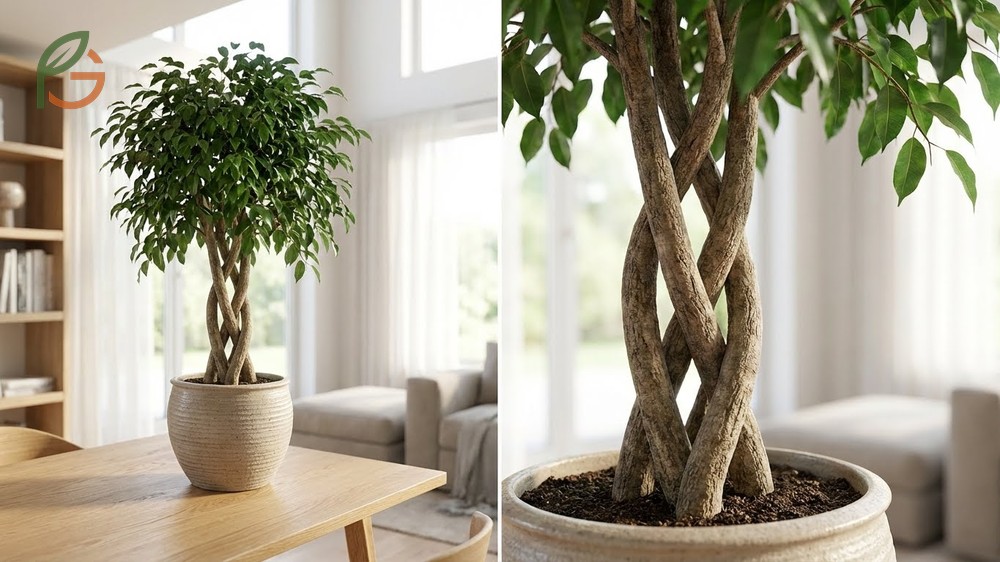 Braided weeping fig tree created by twisting 3 to 5 young flexible stems together.