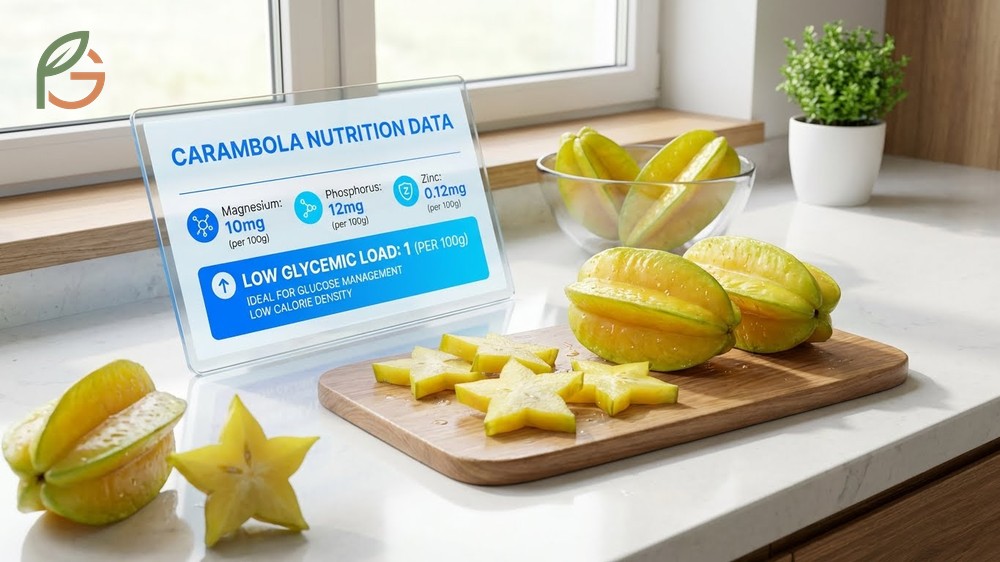 Carambola nutrition data lists 10mg of magnesium and a very low glycemic load of 1 for stable energy release.