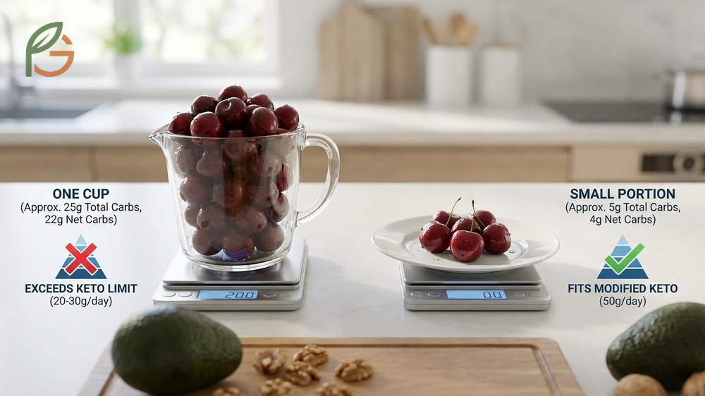 Small portion of five cherries containing 5 grams of carbs compared to keto diet daily limits.