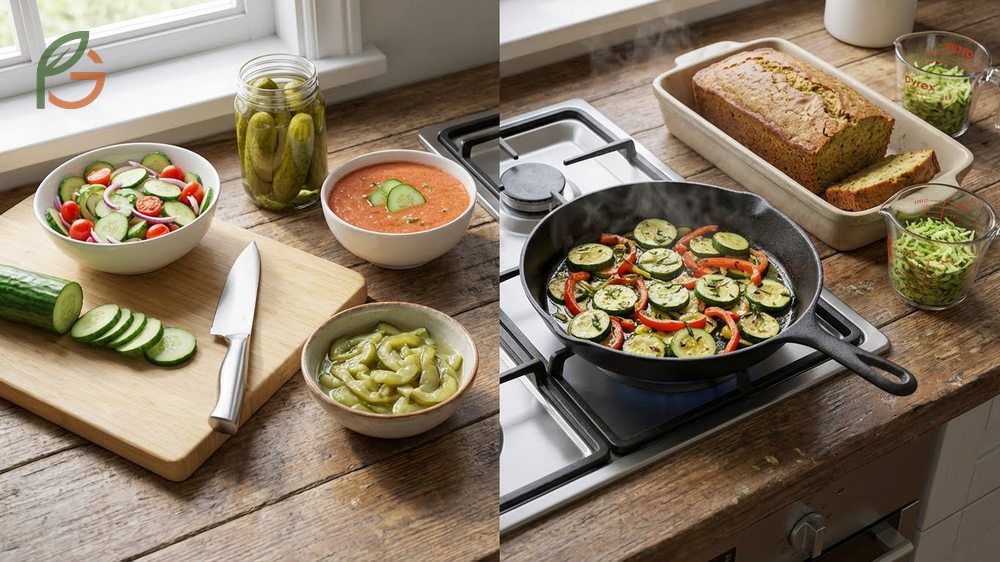 Cooking uses for each vegetable showing fresh cucumber salads versus grilled and baked zucchini dishes for culinary variety.