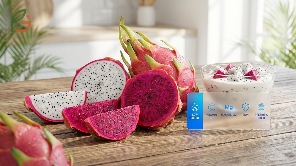 Dragon fruit nutrition facts including magnesium and iron content alongside vitamin C for a nutrient dense low fat snack.