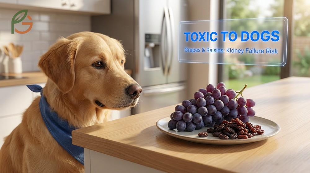 Fruits toxic to dogs list highlighting grapes and cherries that cause kidney failure or blockage.