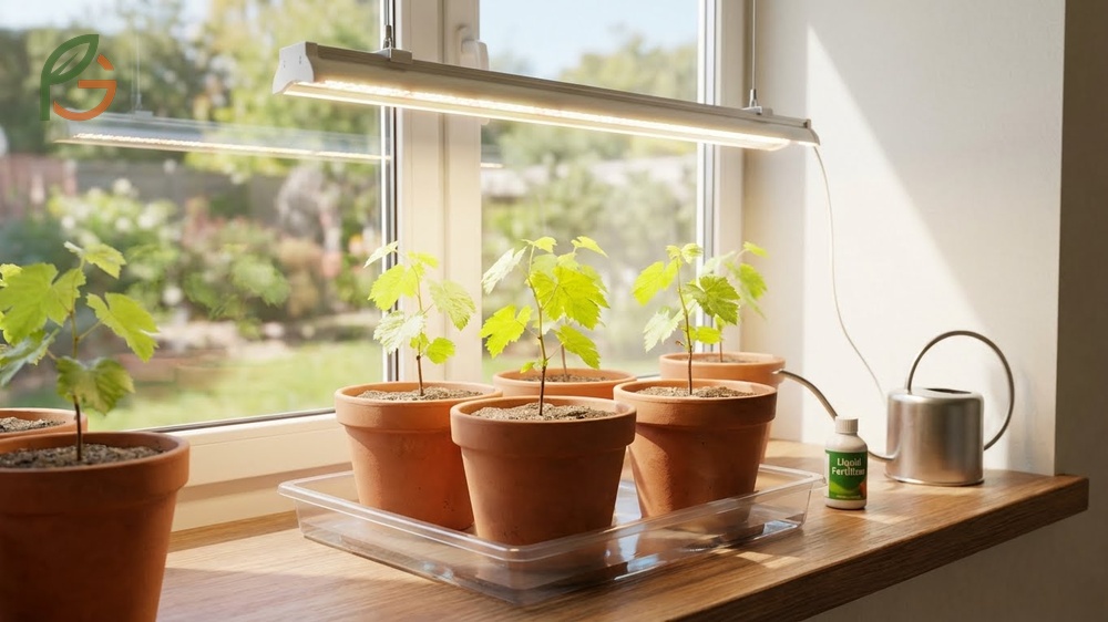 Grape seedlings need bright light for 12 to 14 hours daily and careful watering to prevent root rot during early growth.