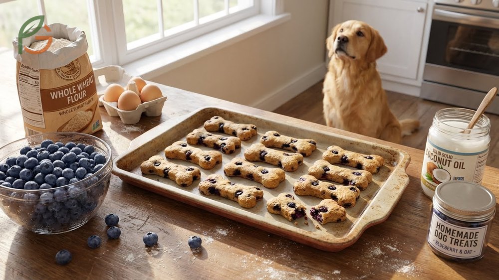 Homemade blueberry dog treats recipe using simple ingredients like flour, oats, and coconut oil.