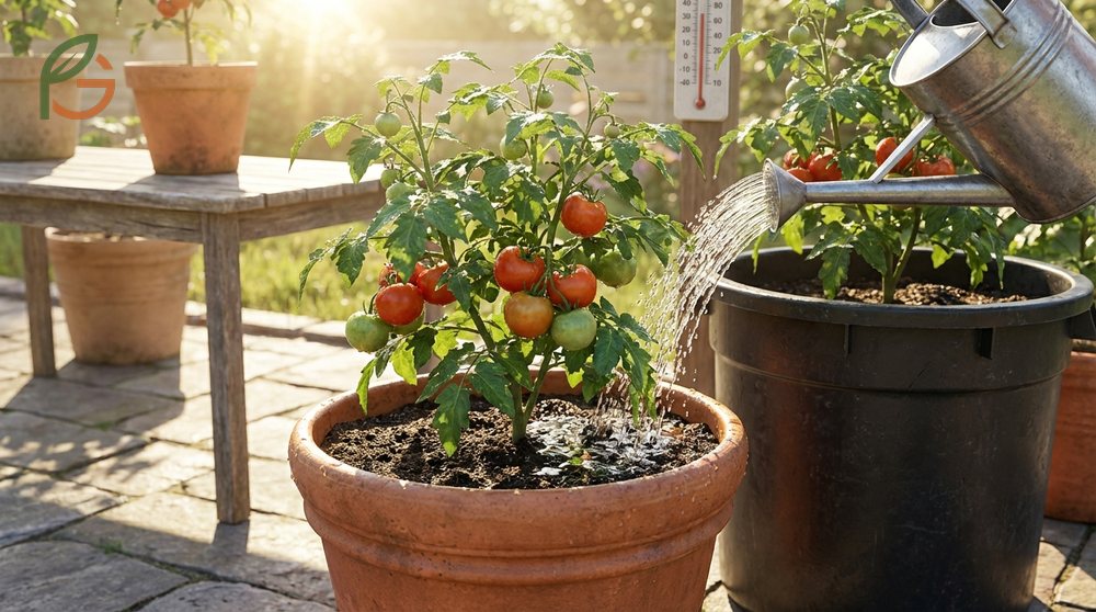 How often to water tomato plants in pots is usually daily or twice daily when temperatures exceed 85 degrees.