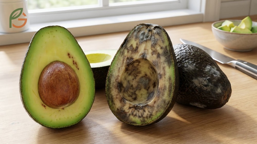 Identifying rotten avocado involves checking for sour smells and widespread dark discoloration in the flesh.