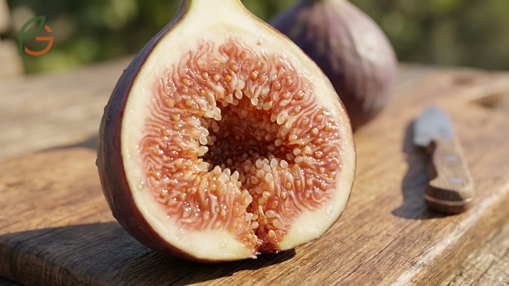 Inside a fig cross section revealing hundreds of tiny florets that develop into the edible fruit flesh.
