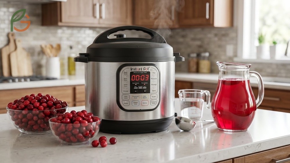 Instant Pot cranberry juice recipe that pressure cooks berries for 3 minutes and releases pressure for 10 minutes.