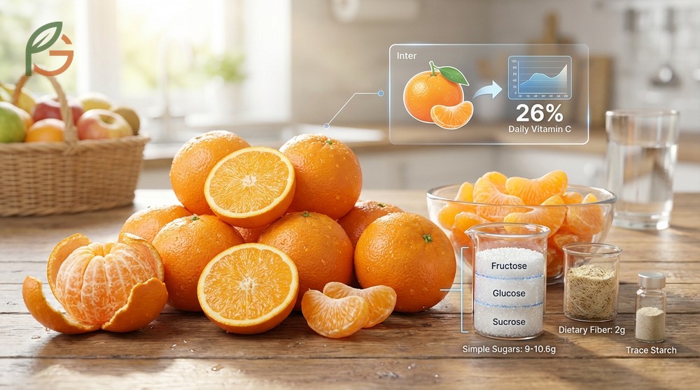 Mandarin carbohydrate content detailing natural sugars and 2g fiber for complete nutrition profile.