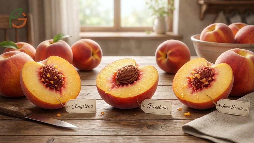 Types of peaches list including clingstone freestone and low-chill varieties for various zones.