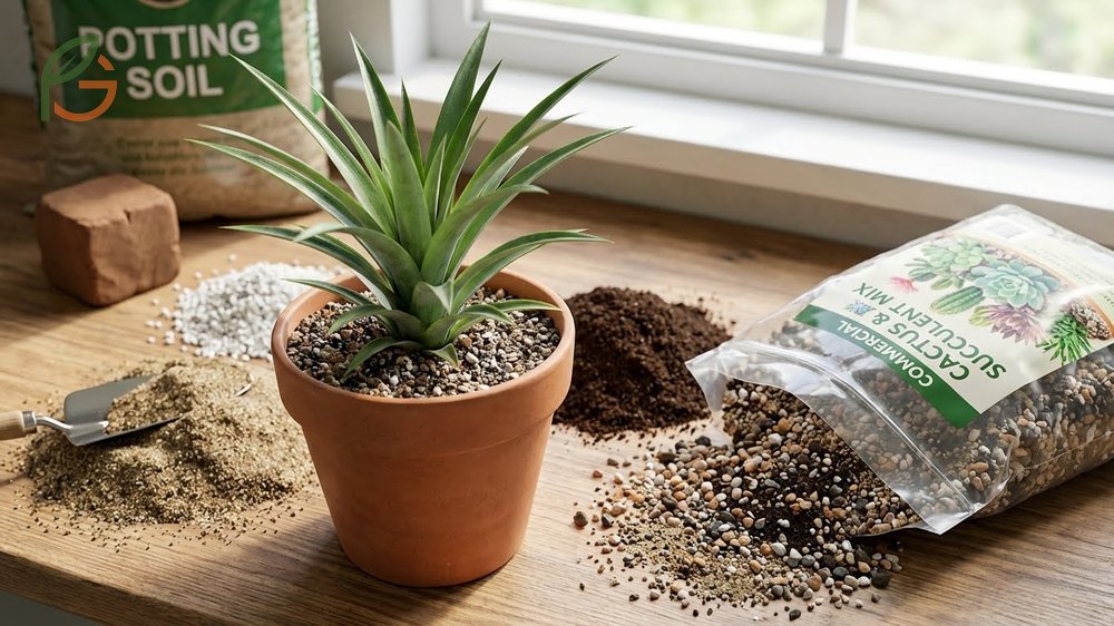 Pineapple plant soil mix should be sandy and acidic with excellent drainage to prevent root rot.