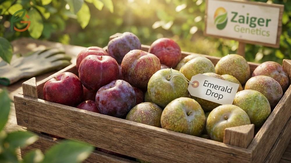 Pluot hybrid fruit varieties like Flavor King and Dapple Dandy displayed for home garden selection.