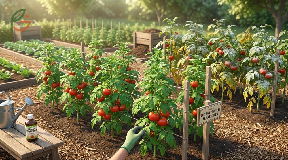 Preventing tomato mildew involves spacing plants 24-36 inches apart to improve airflow and keeping humidity below 60 percent in greenhouses.