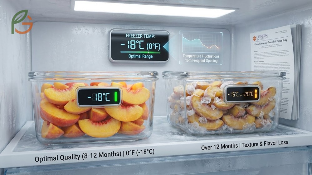 Shelf life and thawing frozen peaches guide recommending overnight refrigerator thawing for 6 to 12 hours.