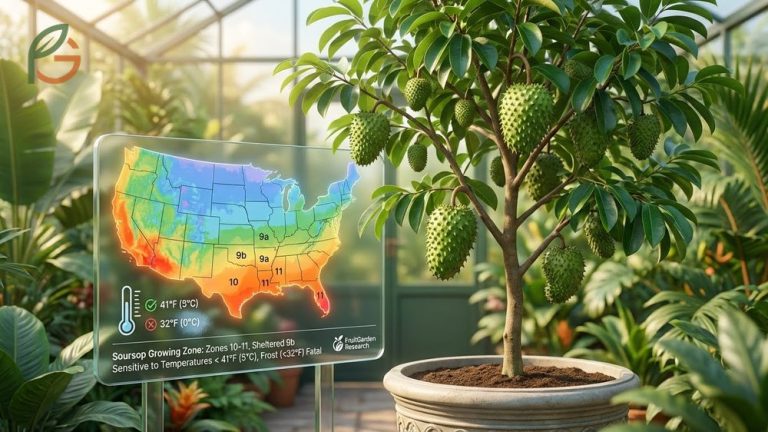 Soursop growing zone guide explaining USDA zones 10-11 requirements and temperature limits above 41 degrees Fahrenheit.