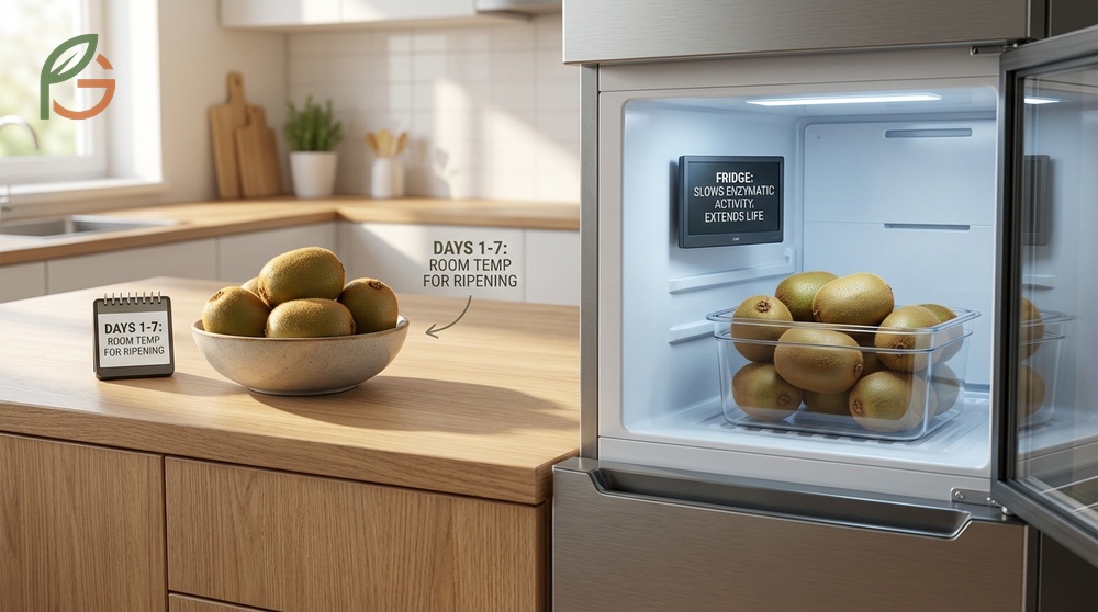 Storing kiwi in the fridge extends freshness to 4 weeks at 39 degrees Fahrenheit while counter storage lasts only 5 days.