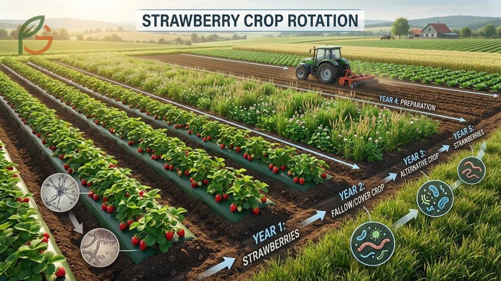 Strawberry crop rotation plan illustrating a 3-year cycle with corn and oats to prevent soil-borne diseases.
