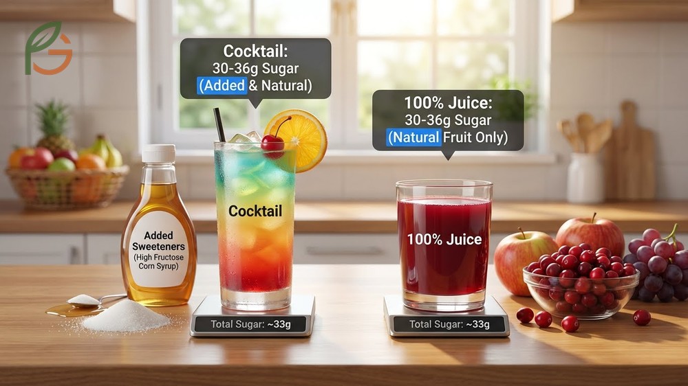 Sugar content in cocktail vs 100 percent juice shows added high fructose corn syrup versus natural fruit sugars.