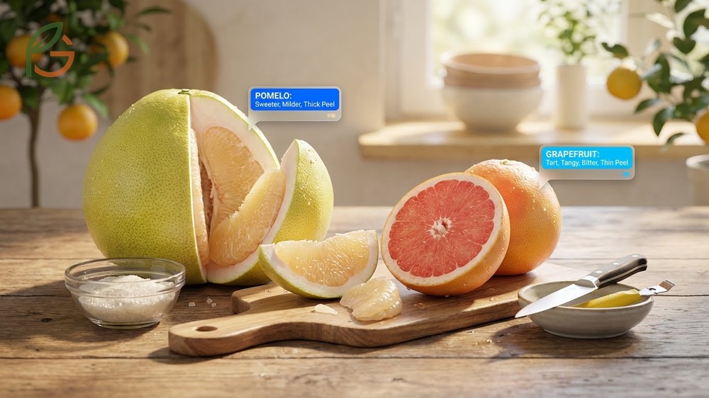 Taste and size differences reveal pomelos have a milder sweet flavor compared to the sharp tangy punch of classic grapefruits.