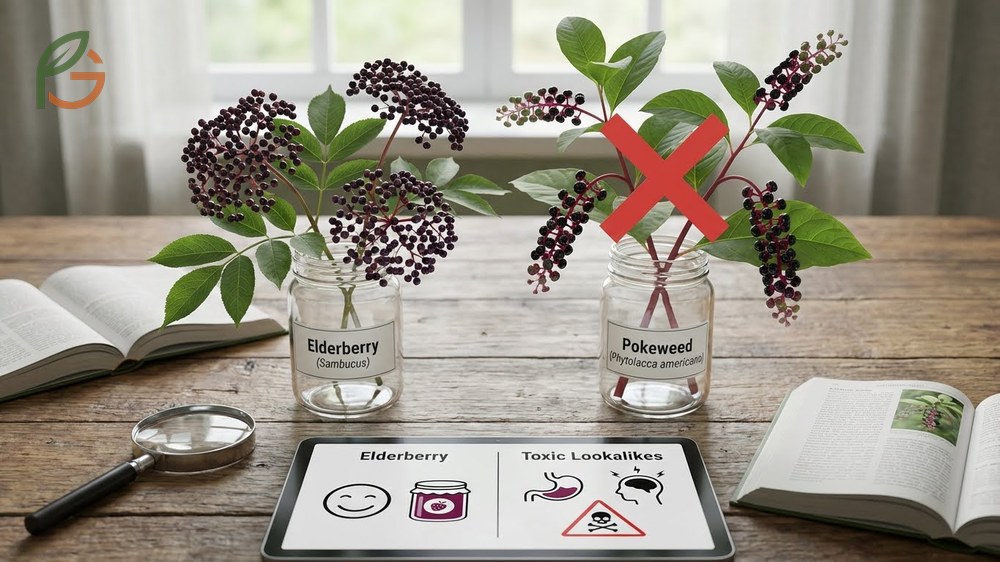 Toxic elderberry lookalikes include pokeweed with magenta stems and water hemlock with tuberous roots.