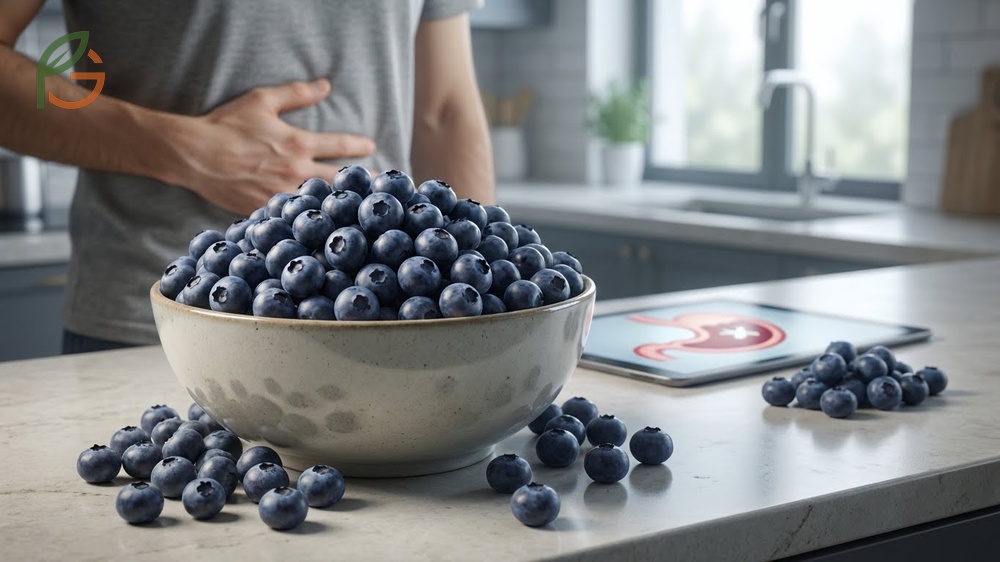 A visual representation of portion control to avoid digestive distress from eating excessive amounts of blueberries.